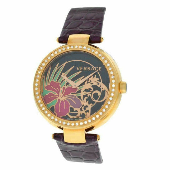 Versace Mystique Hibiscus Quartz Diamond Black Dial Ladies Watch