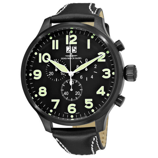 Zeno Chronograph Black Dial Black Leather Strap Men's Watch